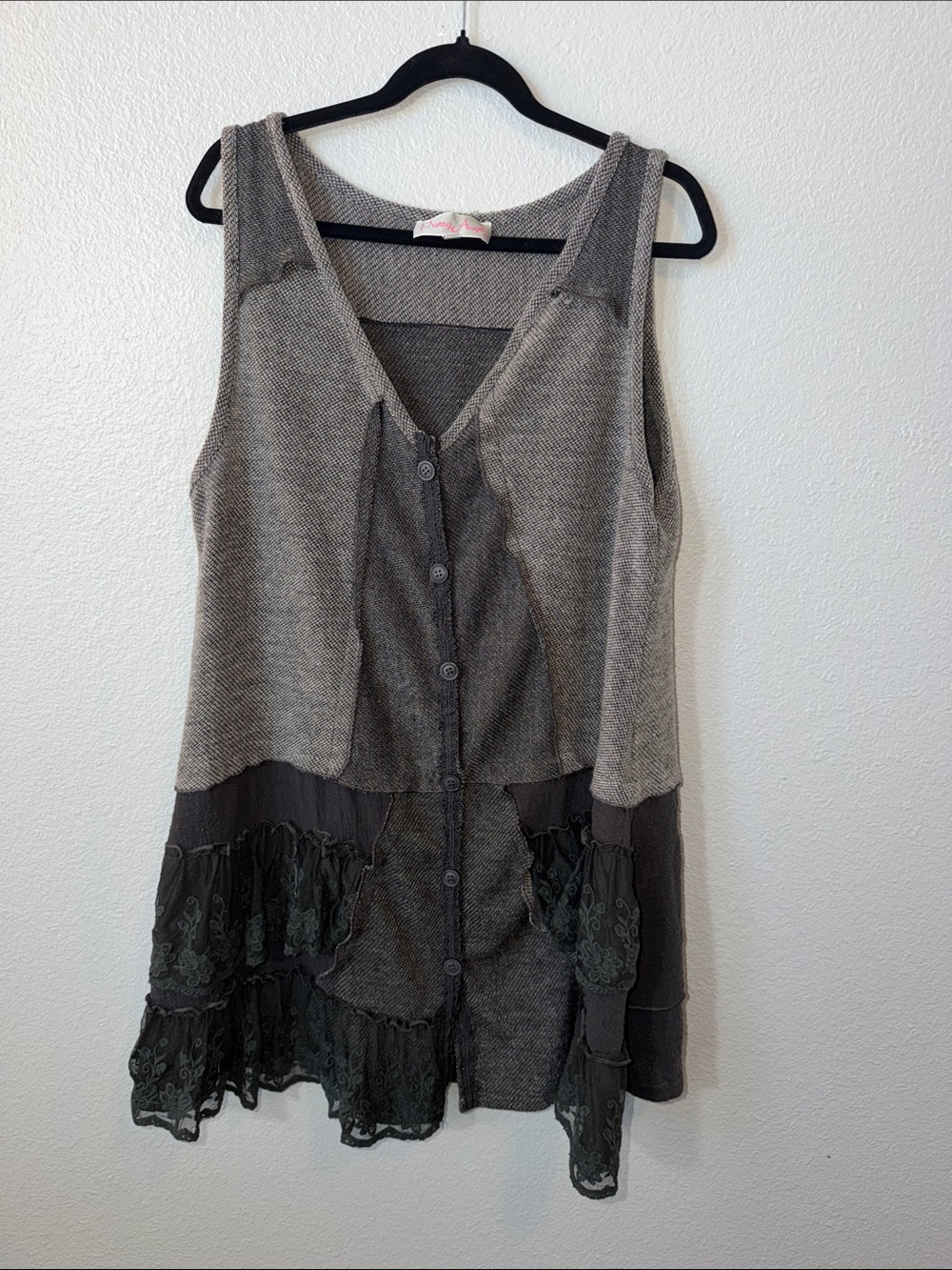 Women's Gray Patchwork Button-Front Dress-Tunic with Lace Trim